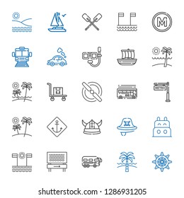 boat icons set. Collection of boat with rudder, beach, bus, pirate, viking, anchor, metro, propeller, transportation, trireme, dive, vehicle. Editable and scalable boat icons.