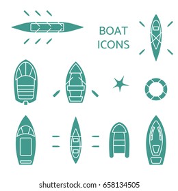 Boat icons set. Top view contour pictograms of kayak, vessel, ship, lifebuoy, canoe, dinghy, inflatable fishing, cruise, coast guard, oar, passenger boats. Banner, logo design. Vector illustration.