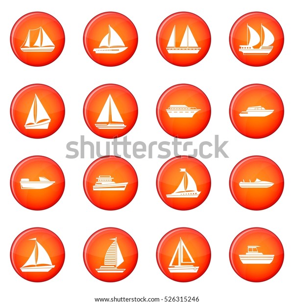 Boat icons vector set of red circles isolated\
on white background