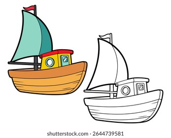 boat illustration, with one colored version and one black and white outline. Ideal for transportation graphics or coloring pages.
