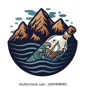 Boote in der Flasche auf den Ozeanwellen mit Berg. Nautikschiff für den Meeresjäger. Abenteuerabenteuerdruck für Meerwasserwanderungen