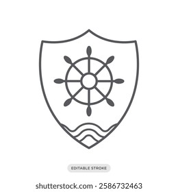 Boat Insurance icon. Shield with a ship helm wheel symbol. Types of Insurance icon symbol vector in line style.