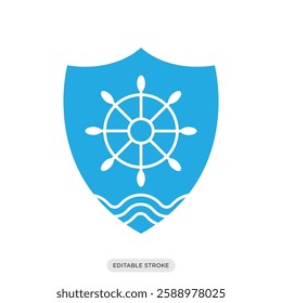 Boat Insurance icon. Shield with a ship helm wheel symbol. Types of Insurance icon symbol vector in color fill style.