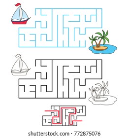Boat and Island, the labyrinth simple horizontal maze for nerdy children. Search hidden way, the educational game for kids.