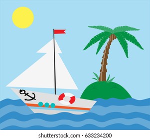 The boat and the island with a palm tree in the blue lagoon.