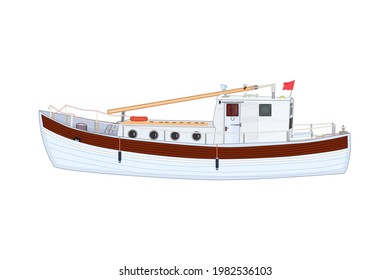 Boat isolated on white background.Commercial sea fishing trawler vessel.Nautical transport for fishing. Ship side view.Sea transportation, marine ship for industrial  fishery.Stock vector illustration