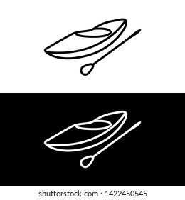 Boat kayak and paddle icon in outline style. Vector illustration on white and black background.