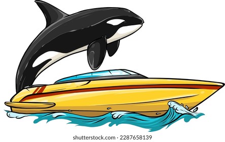 a boat with killer whale swims towards it.