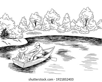 Boat lake park man and woman rowing in a graphic black white landscape sketch illustration vector