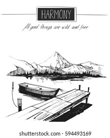  Boat, a lake, pier, mountains. Hand drawn illustration converted to vector
Great for travel ads, brochures, labels, flyer decor, apparel, t-shirt print. 