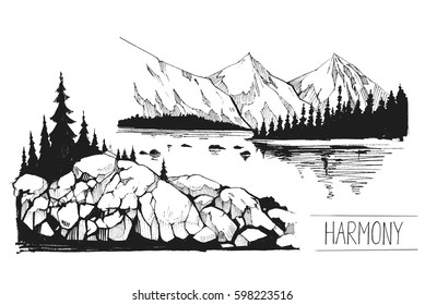  Boat, a lake, pier, mountains. Hand drawn illustration converted to vector. Great for travel ads, brochures, labels, flyer decor, apparel, t-shirt print. 