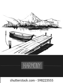  Boat, a lake, pier, mountains. Hand drawn illustration converted to vector. Great for travel ads, brochures, labels, flyer decor, apparel, t-shirt print. 