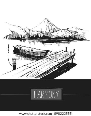  Boat, a lake, pier, mountains. Hand drawn illustration converted to vector. Great for travel ads, brochures, labels, flyer decor, apparel, t-shirt print. 