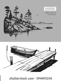  Boat, a lake, pier, mountains, pines, rocks. Hand drawn illustration converted to vector
Great for travel ads, brochures, labels, flyer decor, apparel, t-shirt print. 