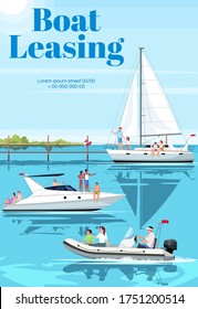 Boat leasing poster template. Premium ship rental for family pastime. Commercial flyer design with semi flat illustration. Vector cartoon promo card. Luxury yacht club advertising invitation