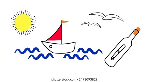 Boat, letter in bottle in sea, sun, seagulls. simple flat illustration set for poster, flyer, card on safety, nautical, beach resort, vacation, holiday, pirate, adventure theme. 