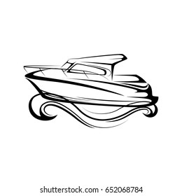 boat line icon with waves on sea. Universal Minimal Modern Thin Line Black Icon isolated on White Background. graphic illustration.