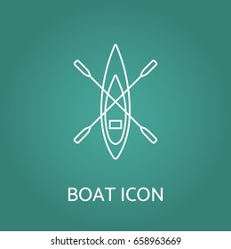 Boat linear icon. Top view outline contour pictogram of kayak or canoe. Design for tag, label, banner, t-shirt, sticker, business and visit card, flyer, postcard, logo. Vector illustration.