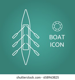 Boat linear icon. Top view outline contour pictogram of kayak or canoe. Design for tag, label, banner, t-shirt, sticker, business and visit card, flyer, postcard, logo. Vector illustration.