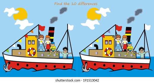 boat and little kids - find 10 differences , vector illustration