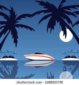 Boat located in tropical place, paradise island, palm tree leaf silhouette sand beach, shore, night moon sea, ocean trip, flat vector illustration. Surface water, design template, banner.