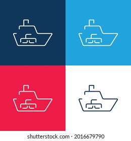 Transporte logístico en barco con cajas Dentro del azul y el rojo cuatro colores conjunto de iconos mínimo