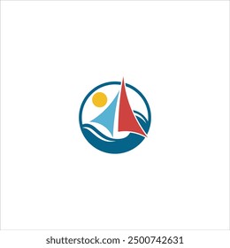 Boat logo with circular waves in blue, red and yellow