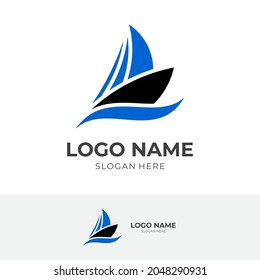 boat logo concept with flat blue and black color style