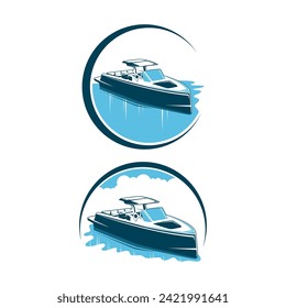 Boat logo design template vector. Editable boat on water sign for logos. Blue Boat on Sea flat vectors.
