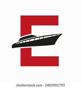 Boat Logo With E Letter. Ship Icon, Yacht Logo Symbol