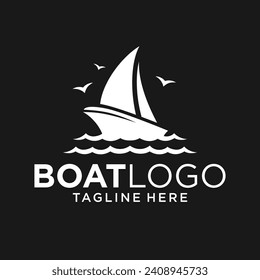 Boat Logo in the Ocean. with Birds flying around the Ship. Vector illustration  