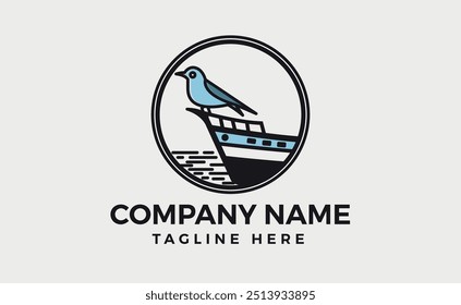 Boat Logo in the Ocean. with Birds sitting around the Ship. Minimal Logo branding art, Vector illustration.
