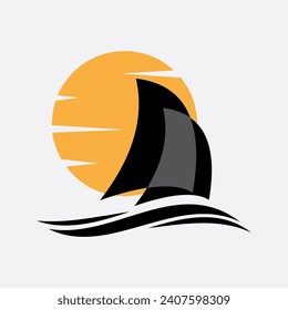 boat logo and sea waves in the afternoon vector modern symbol illustration design.