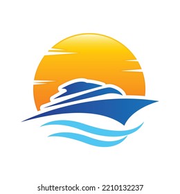 Logo del barco con puesta de sol. Icono de barco de barco para la compañía naval