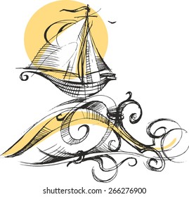 Boat logo template. Vector Illustration. Sailboat print hand drawn on white background vector illustration. Ship art.