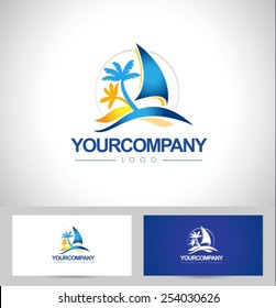 Boat Logo. Yacht Logo Design. Sailing logo design with sea waves and palms.