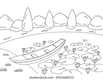 Boat in lotus lake graphic black white landscape sketch illustration vector