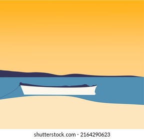 Boat lying on the sand beach at the coast of the island with sunset view. Vector illustration with colorful beach