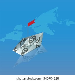 Boat made of dollar banknote isometric Business concepts