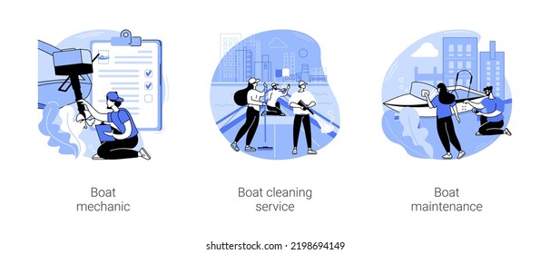 Boat maintenance isolated cartoon vector illustrations set. Professional mechanic fixes a boat, yacht cleaning service, washing team, finishing and polishing marine vehicle vector cartoon.