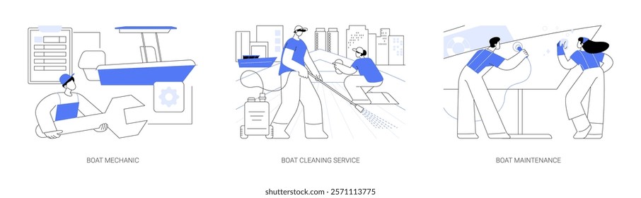 Boat maintenance isolated cartoon vector illustrations set. Professional mechanic fixes a boat, yacht cleaning service, washing team, finishing and polishing marine vehicle vector cartoon.