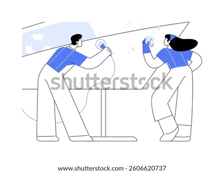 Boat maintenance isolated cartoon vector illustrations. Group of cleaning service professionals finishing and polishing boat, small business, yacht maintenance company vector cartoon.