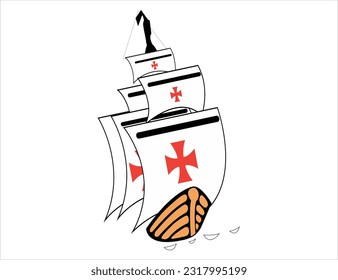 boat with maltese cross flag, caravels on the high seas in the ocean of vasco da gama