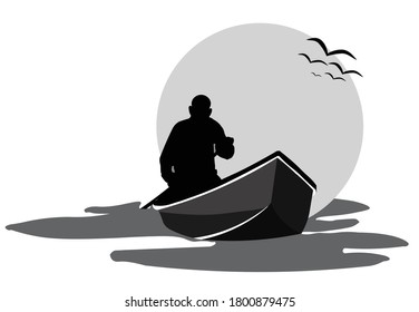 Boat Man Shipping In Moon Light Vector Graphic Art.