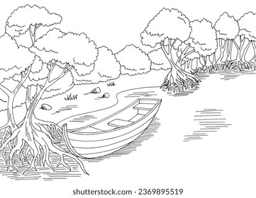 Boat in mangrove jungle forest river graphic black white landscape sketch illustration vector