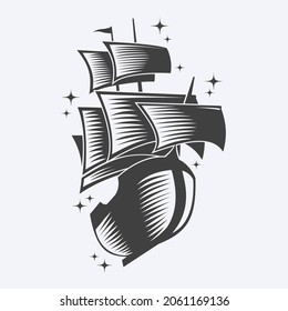 Boat with many sails ready to sail the oceans. Vector image