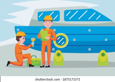 Boat Mechanic profession with vector illlustration. Flat design with cartoon characters.