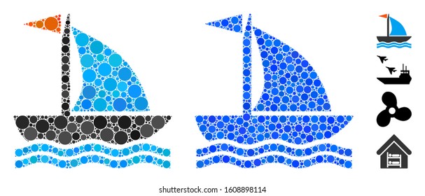 Boat mosaic of small circles in various sizes and color tints, based on boat icon. Vector small circles are organized into blue mosaic. Dotted boat icon in usual and blue versions.
