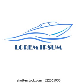 The boat, motor boat going over the waves. Element logo, emblem, symbol. Graphic vector image.