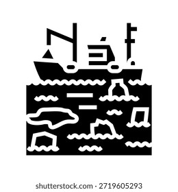 Barco que navega a través de la muestra plástica del icono del glifo de los residuos. Barco que navega a través de la muestra plástica del residuo. Ilustración aislada del Vector